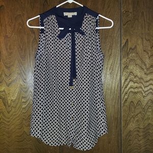 Michael Kors blue and tan blouse with neck tie